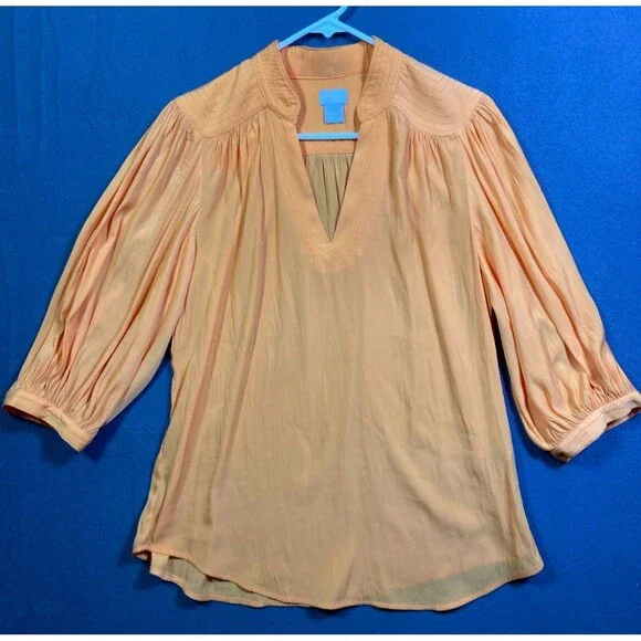 Chico’s Size 1 Orange Tunic V Neck Top Flowy Easy Care Career Or Casual 8/10 - Picture 1 of 11